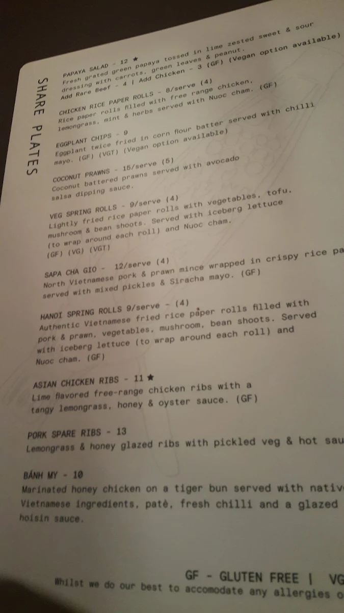 Menu, Typhoon Vietnamese Street Food