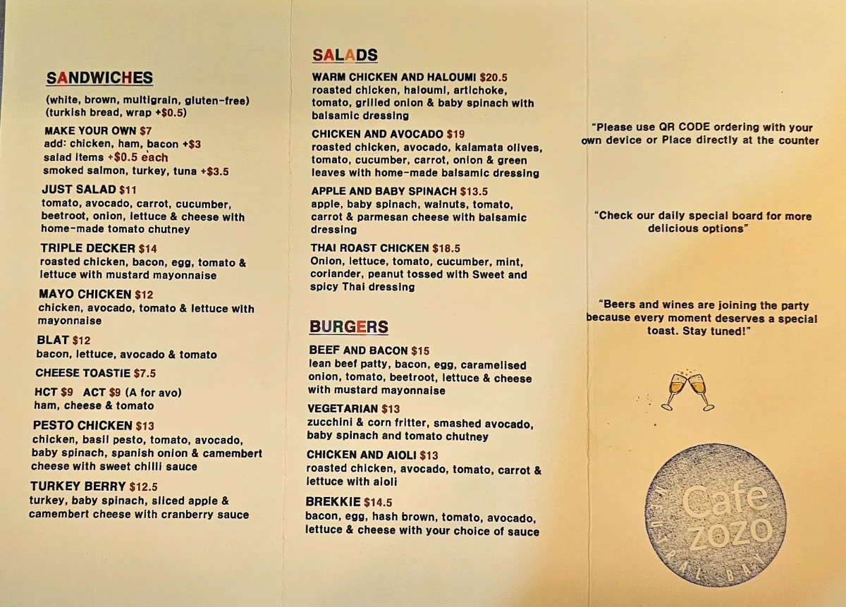 Menu, Café ZoZo
