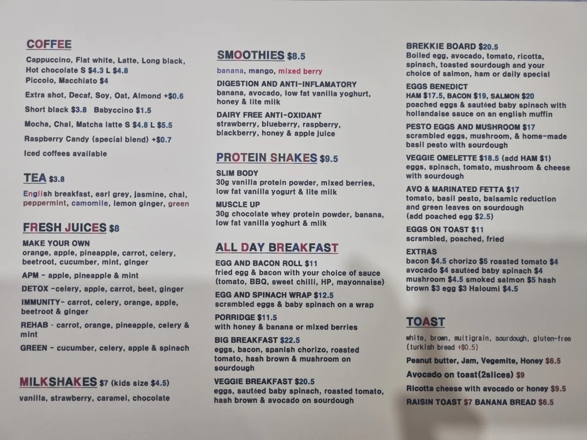 Menu, Café ZoZo