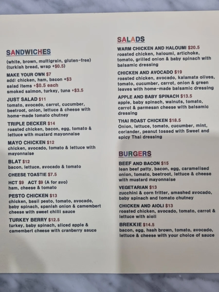 Menu, Café ZoZo