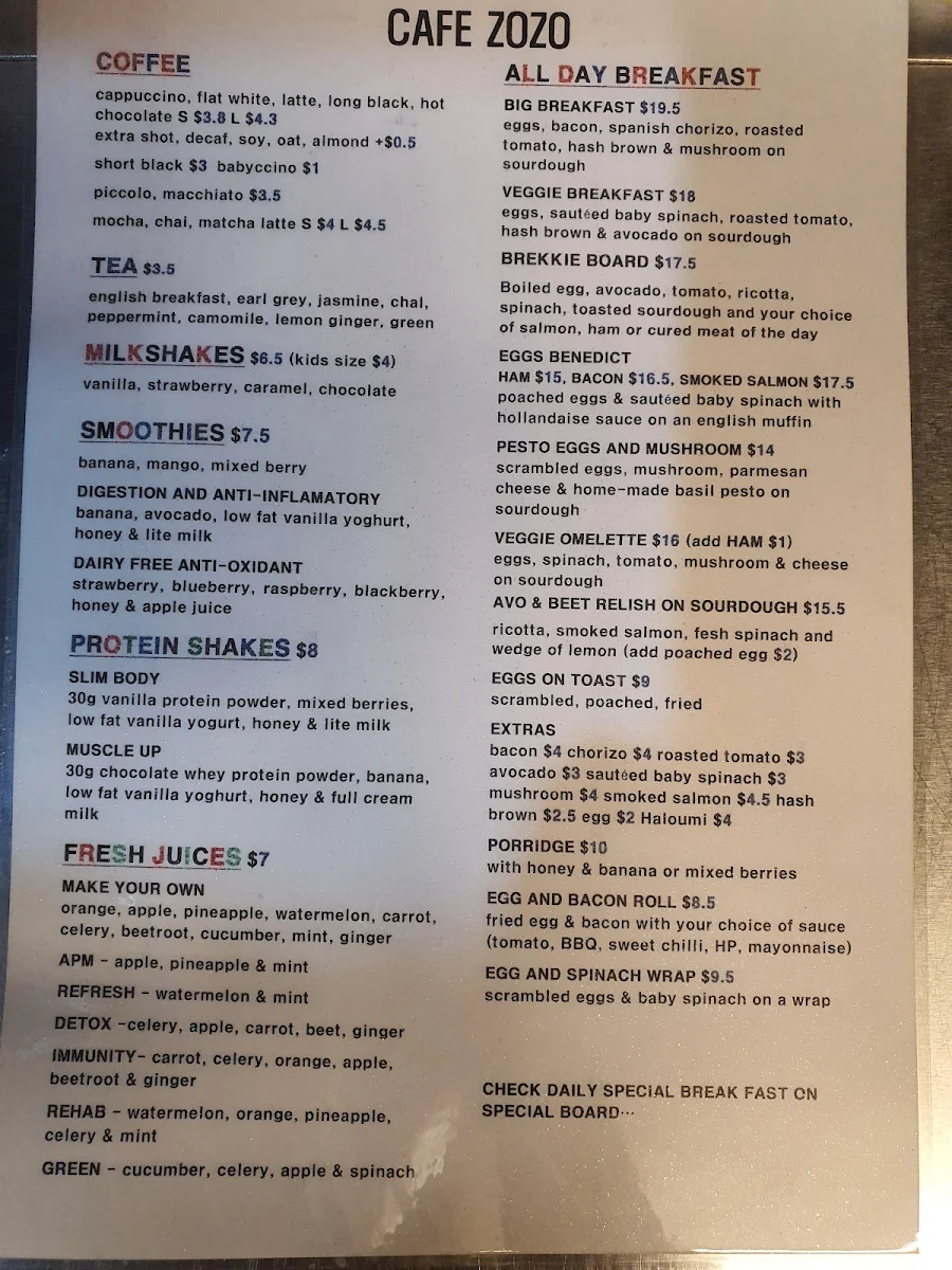 Menu, Café ZoZo