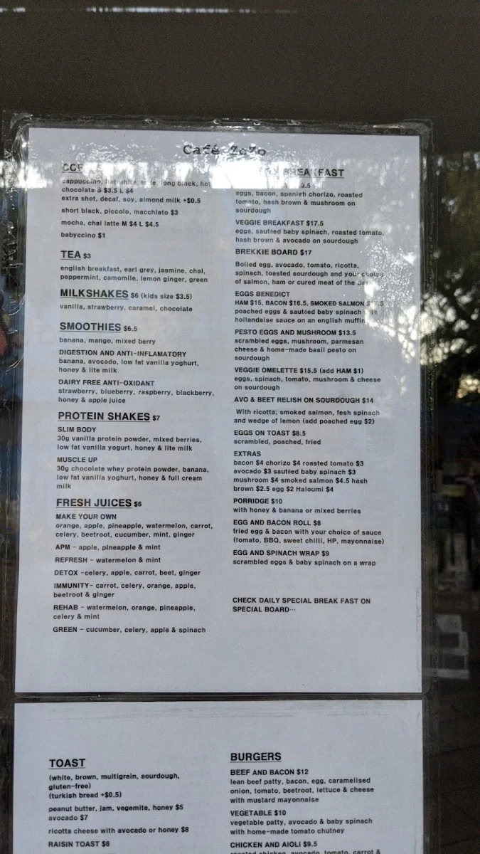 Menu, Café ZoZo