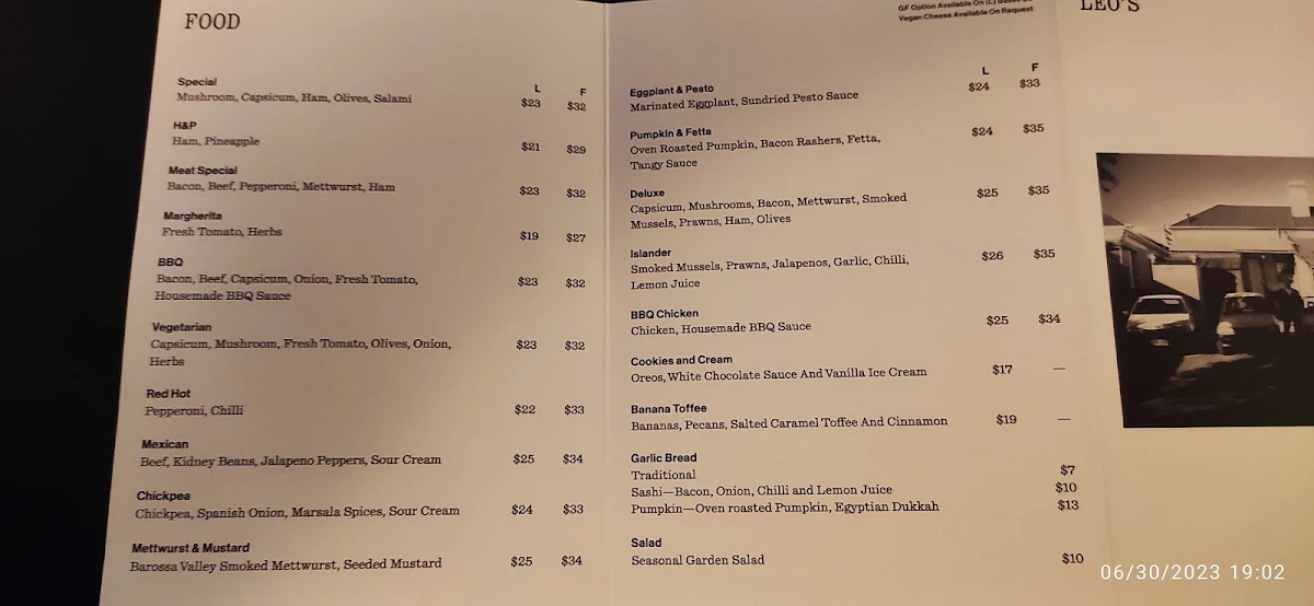 Menu, Leo's Bar & Pizza