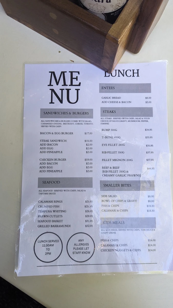 Menu, Dayboro Crown Hotel