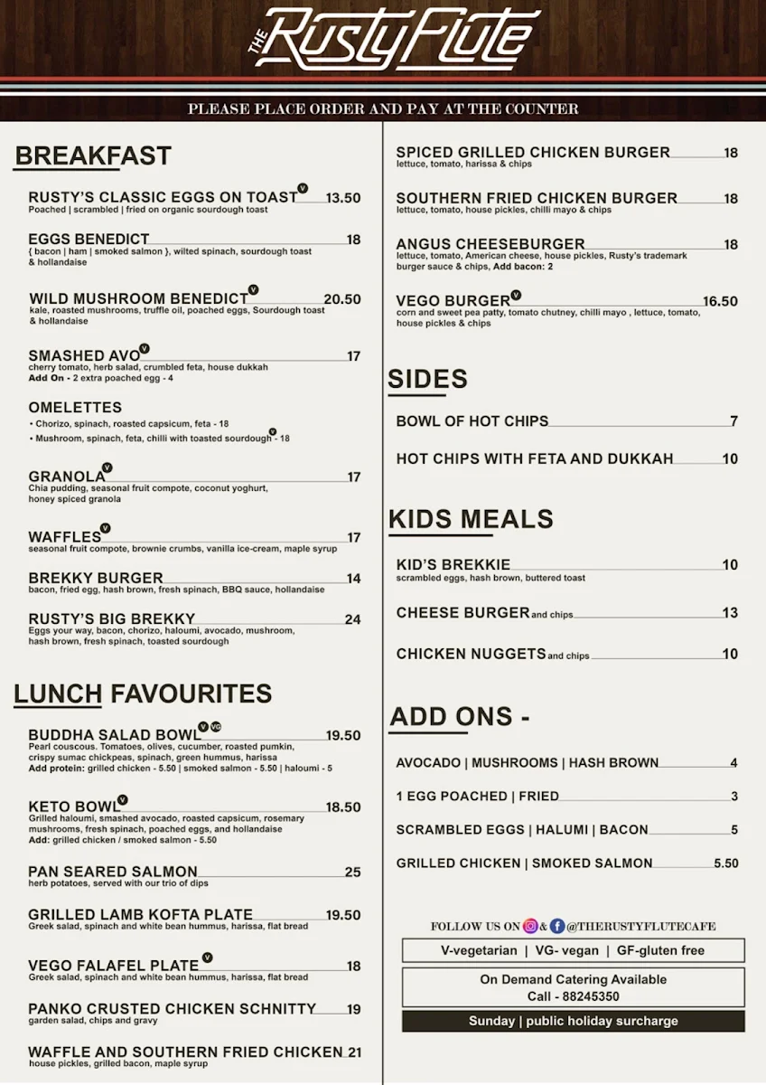 Menu, The Rusty Flute
