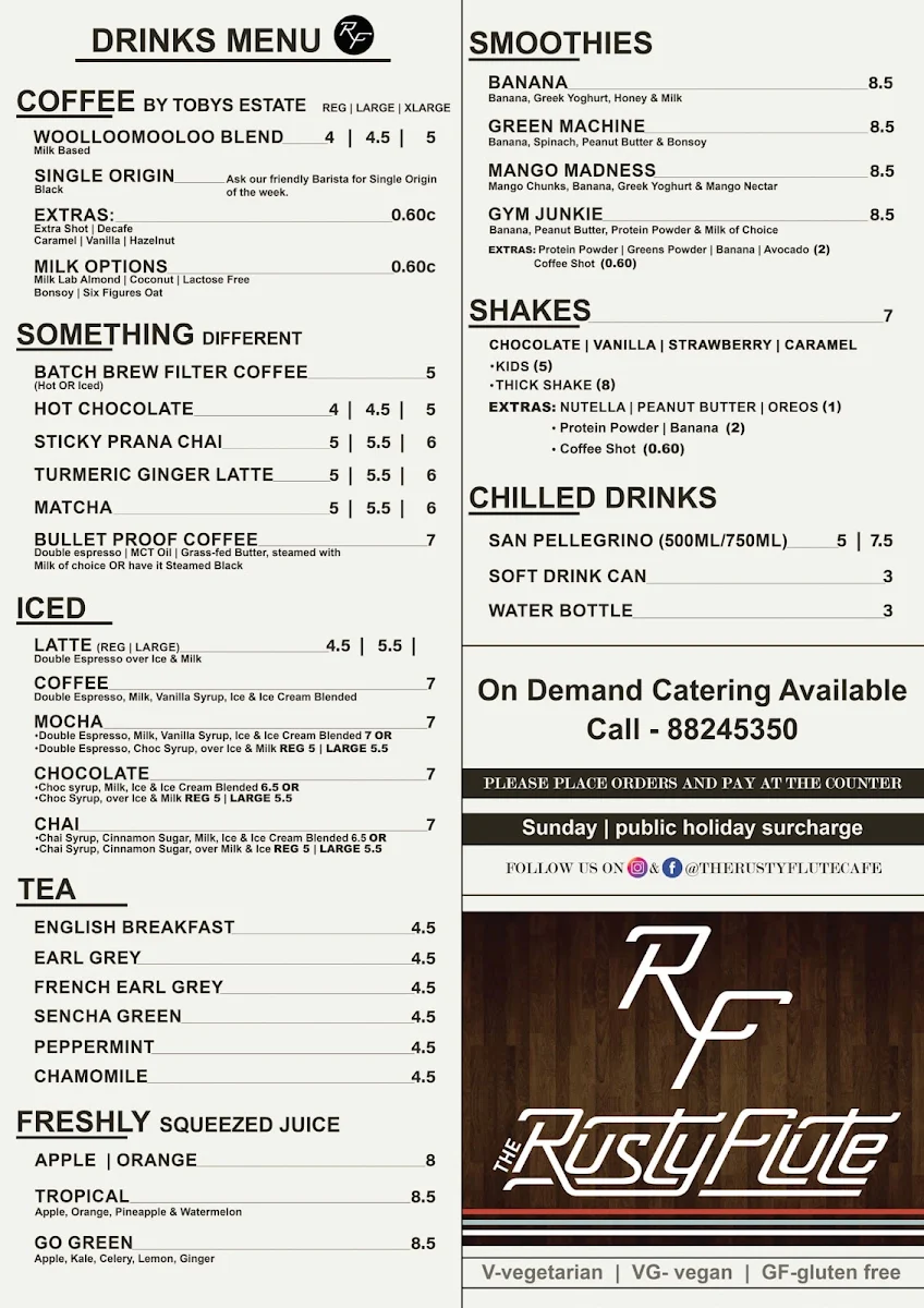 Menu, The Rusty Flute