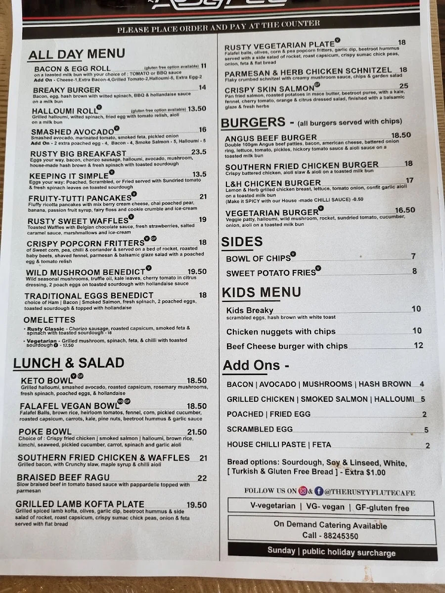 Menu, The Rusty Flute