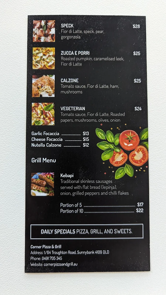 Menu, Corner Pizza and Grill