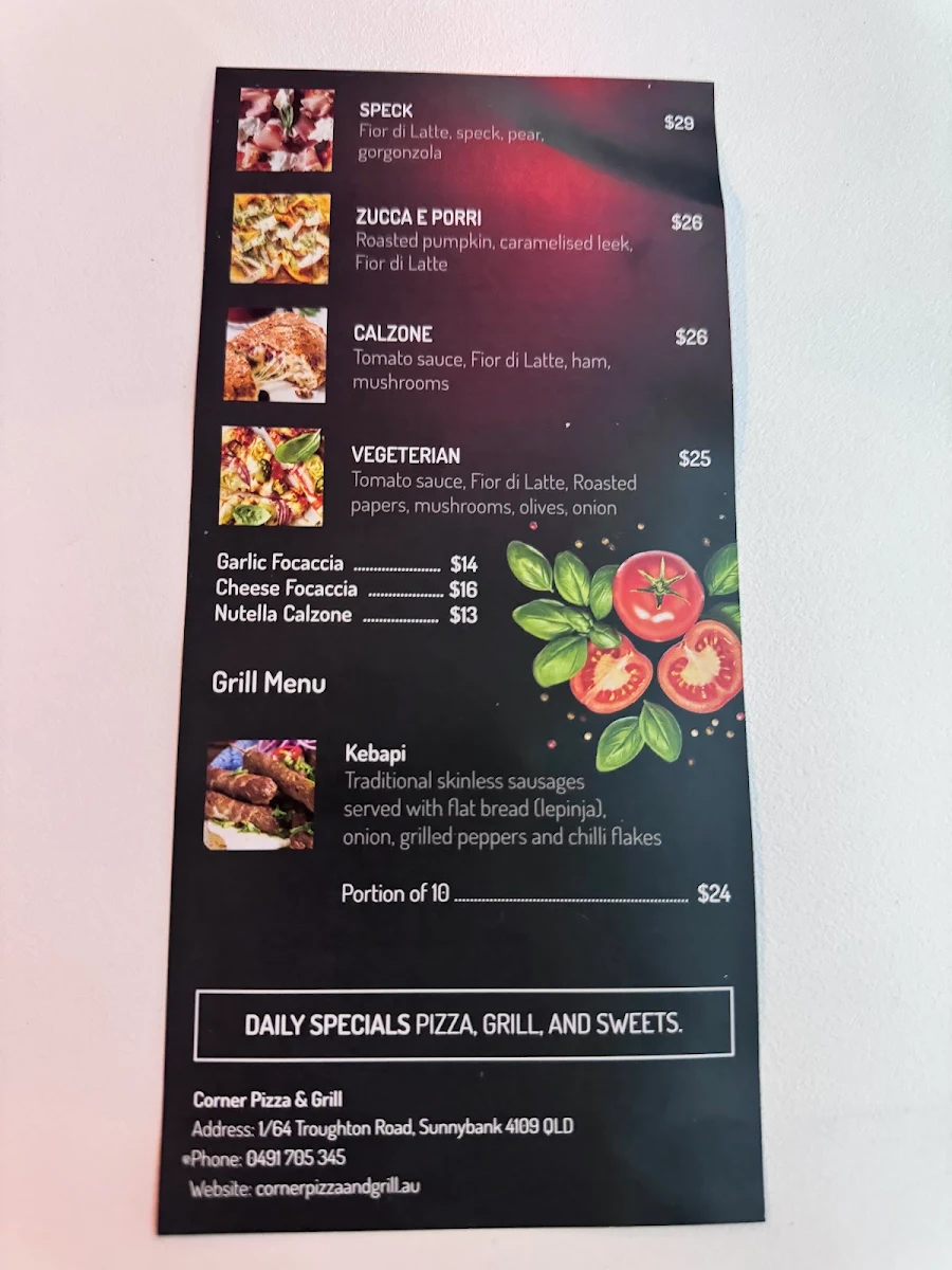 Menu, Corner Pizza and Grill