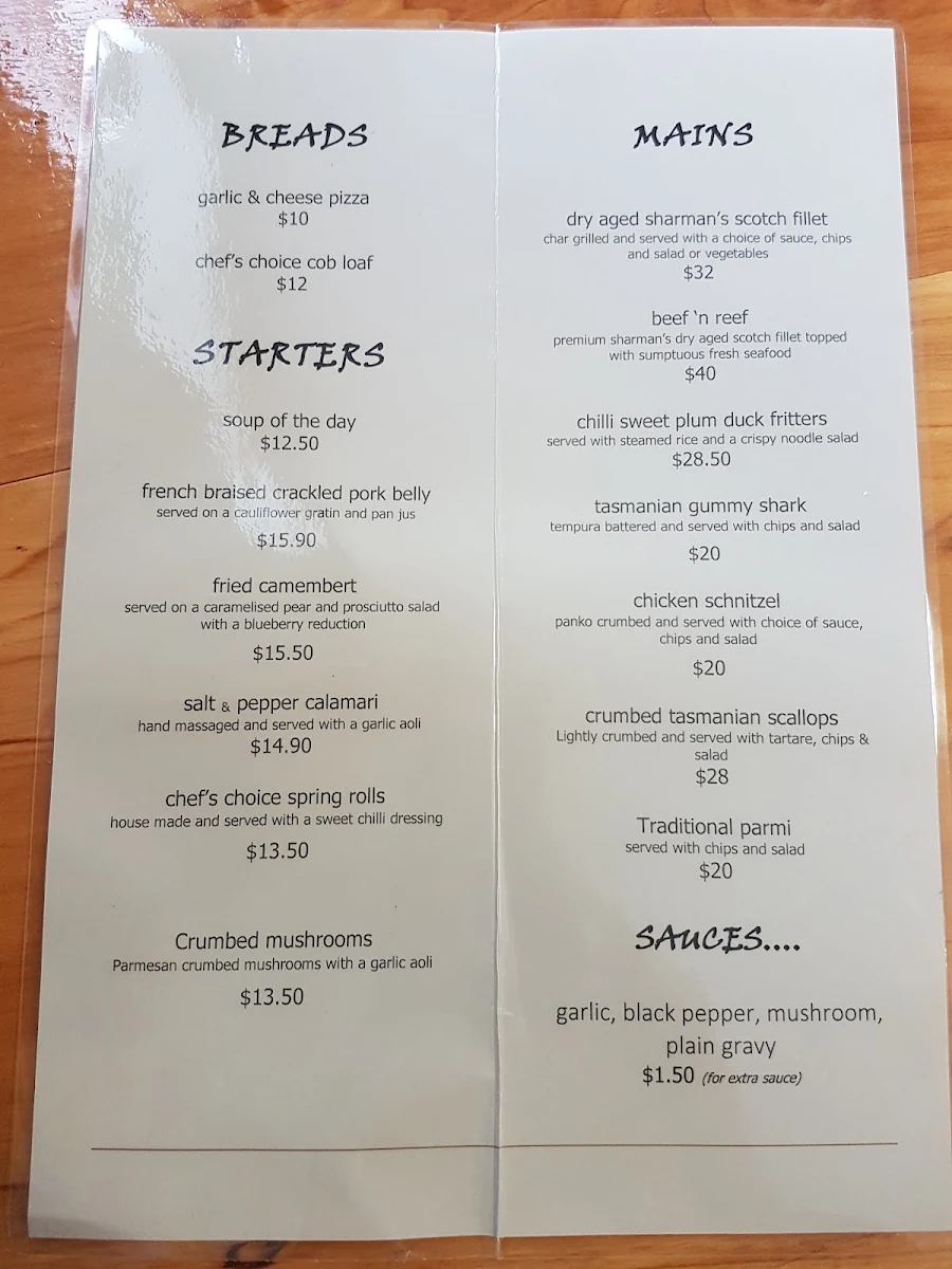 Menu, Rocky Cape Tavern & Caravan Park