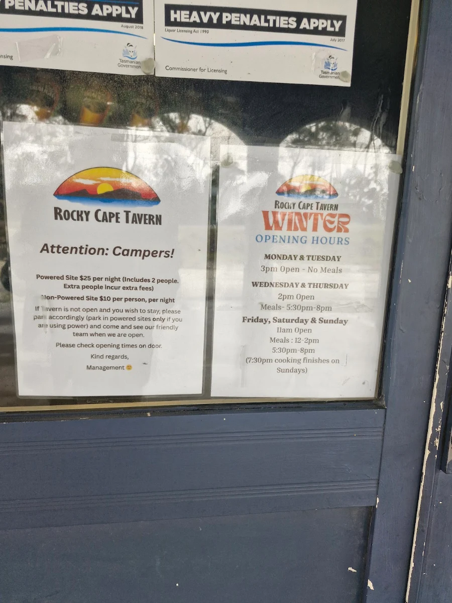 Menu, Rocky Cape Tavern & Caravan Park