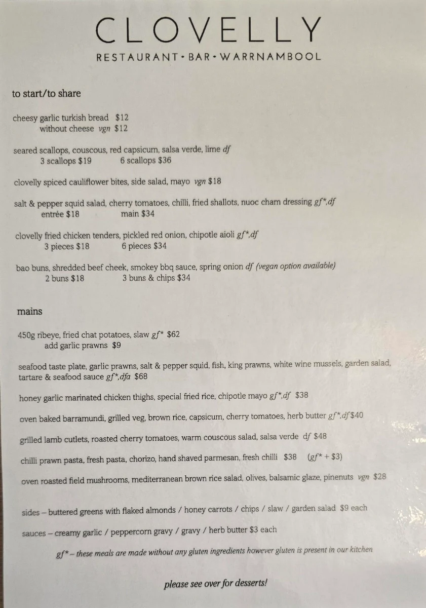 Menu, Clovelly Restaurant & Bar