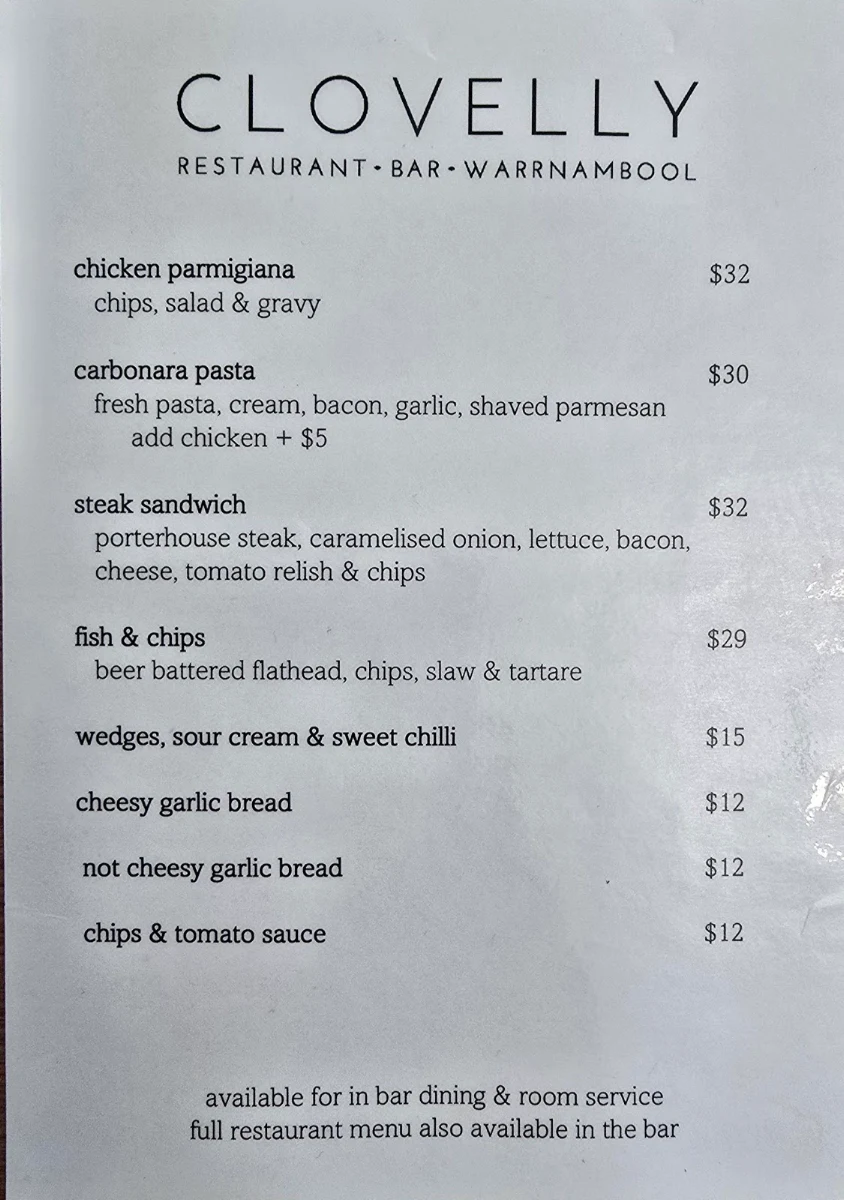 Menu, Clovelly Restaurant & Bar