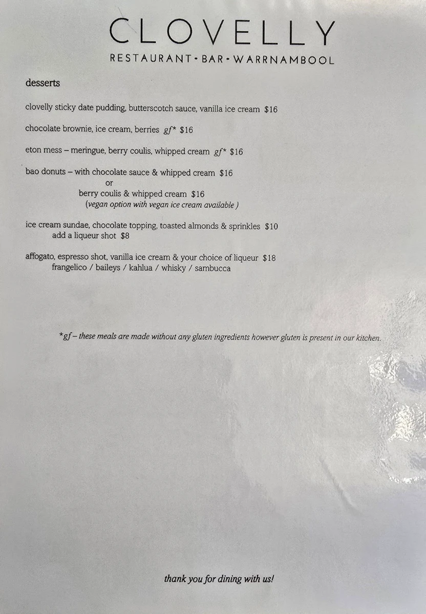 Menu, Clovelly Restaurant & Bar