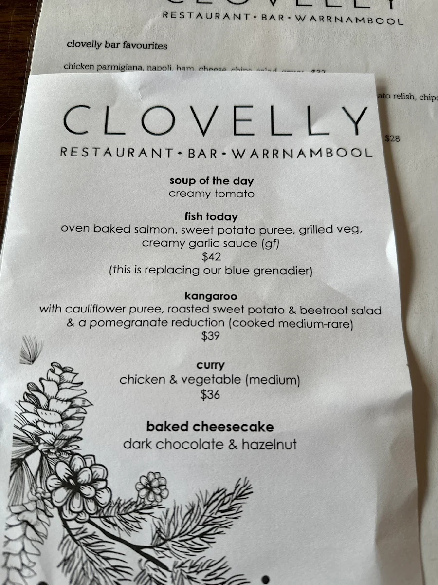 Menu, Clovelly Restaurant & Bar