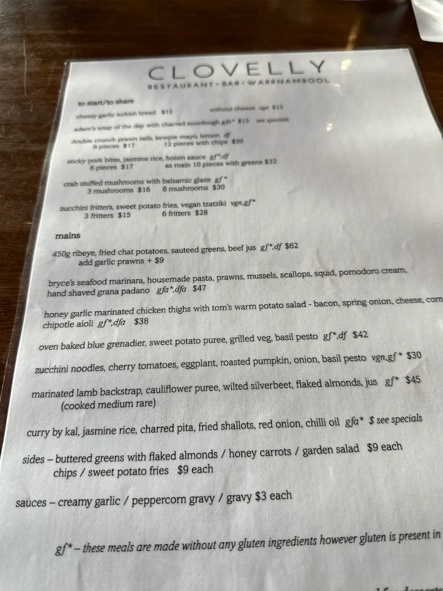 Menu, Clovelly Restaurant & Bar