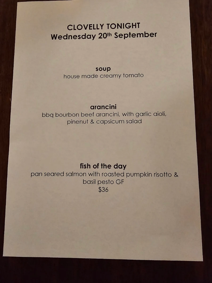 Menu, Clovelly Restaurant & Bar