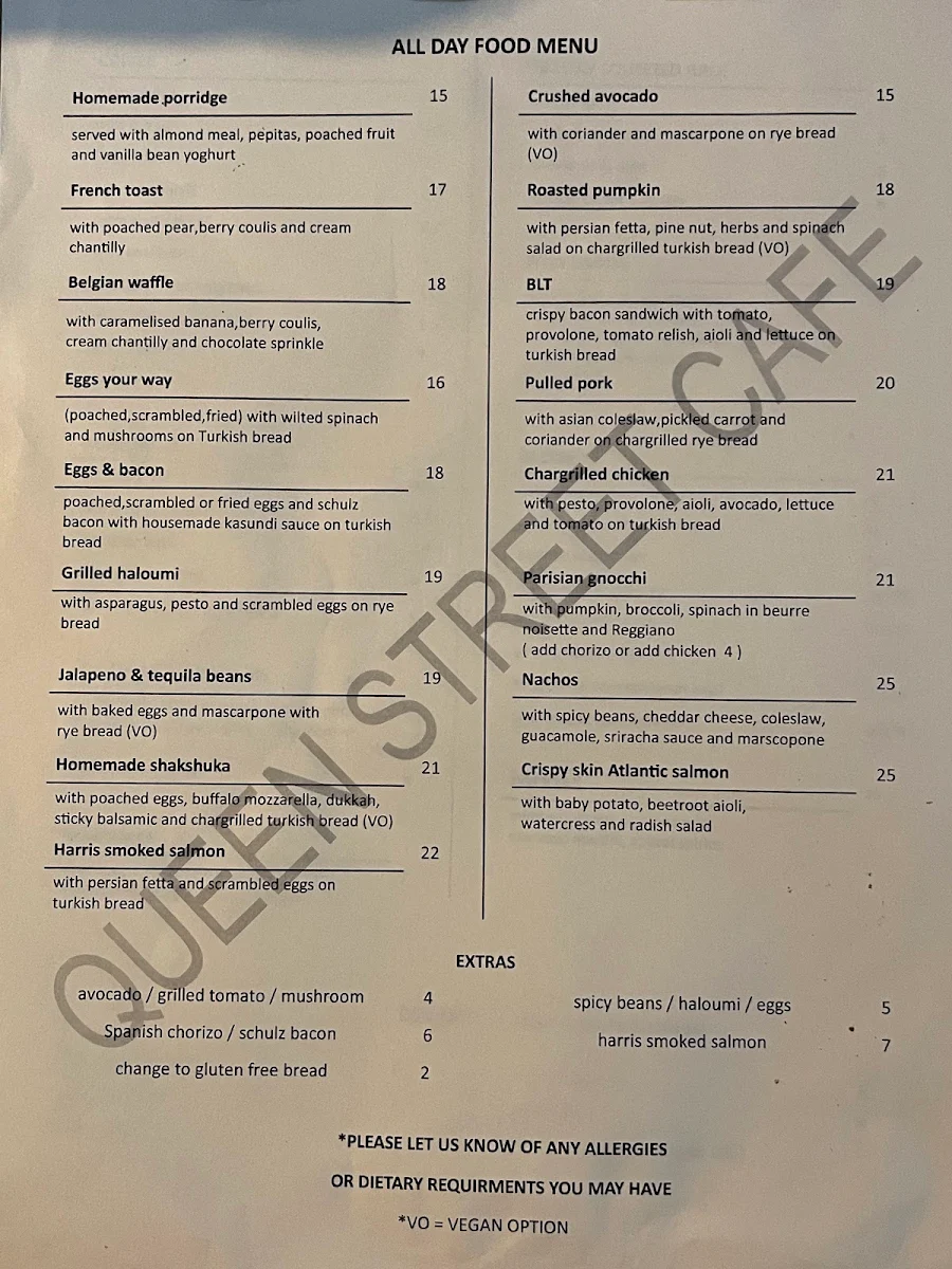 Menu, Queen Street cafe.