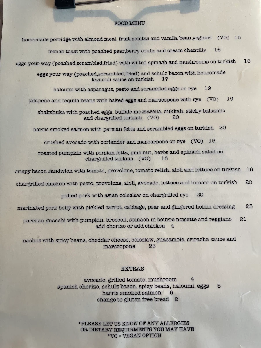 Menu, Queen Street cafe.