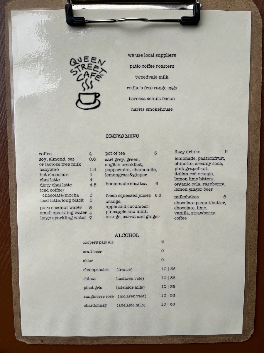 Menu, Queen Street cafe.
