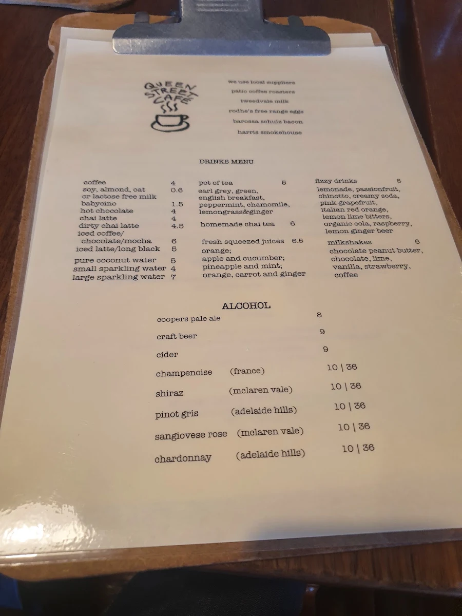 Menu, Queen Street cafe.