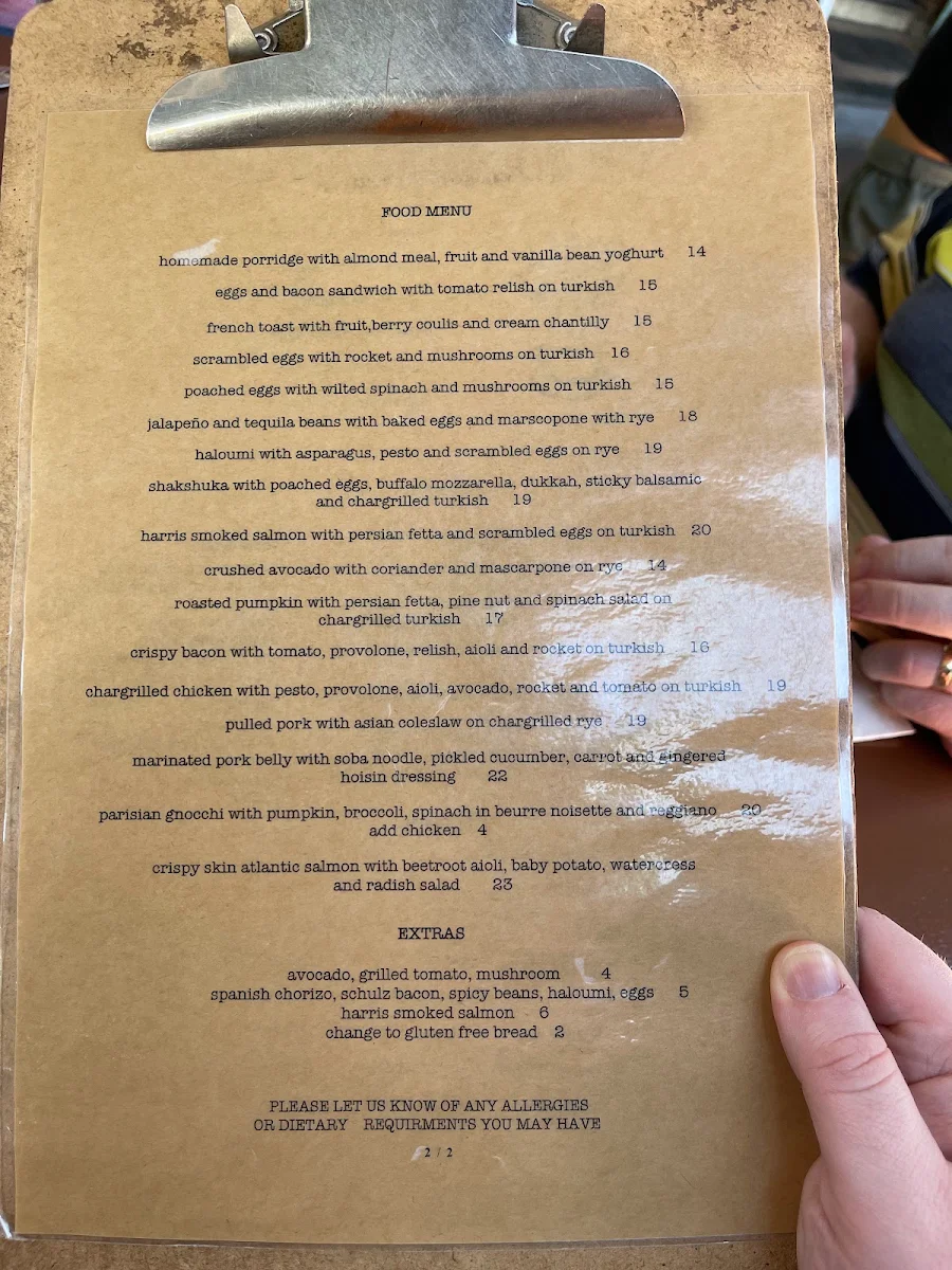 Menu, Queen Street cafe.