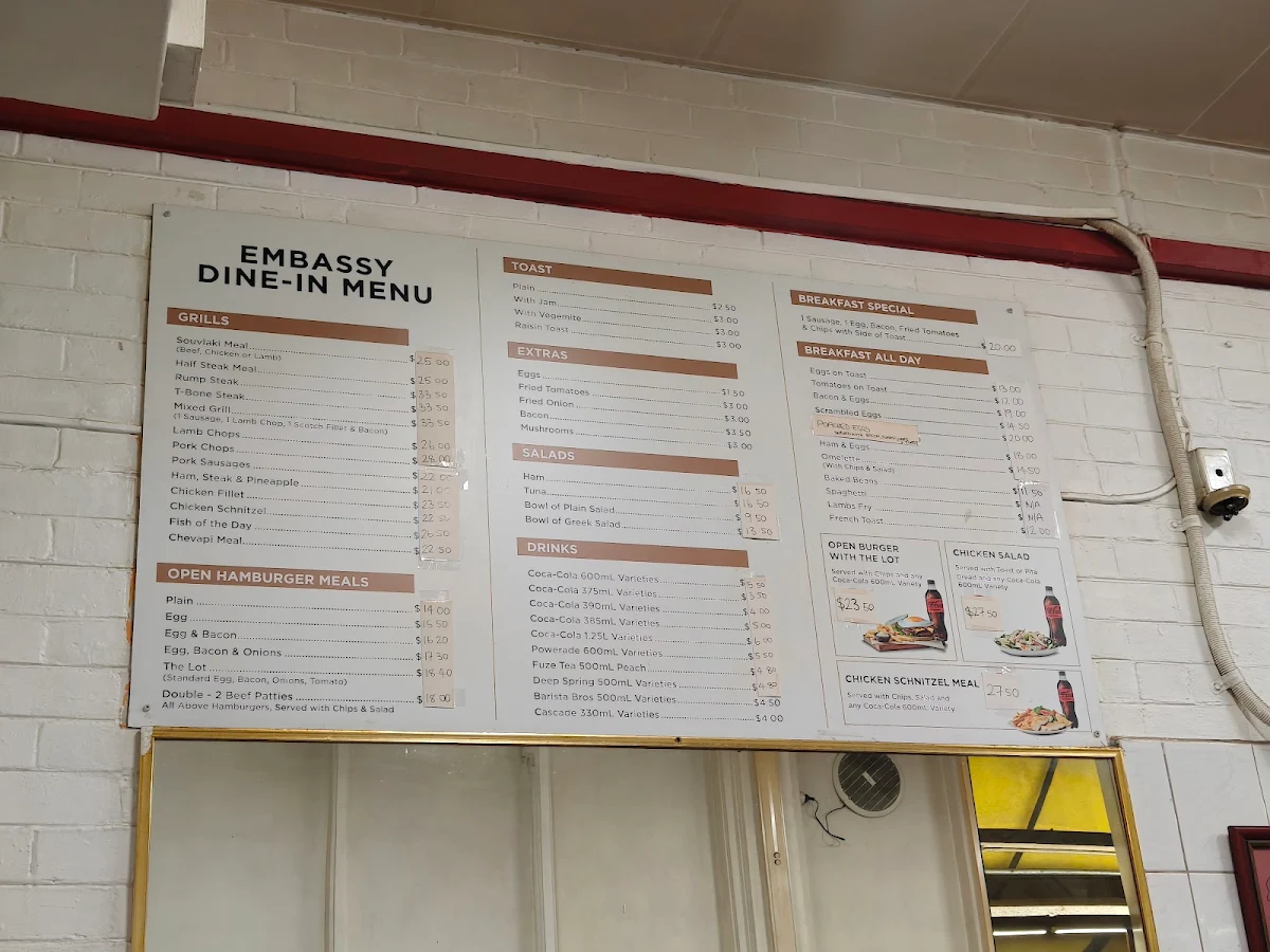 Menu, Embassy Cafe