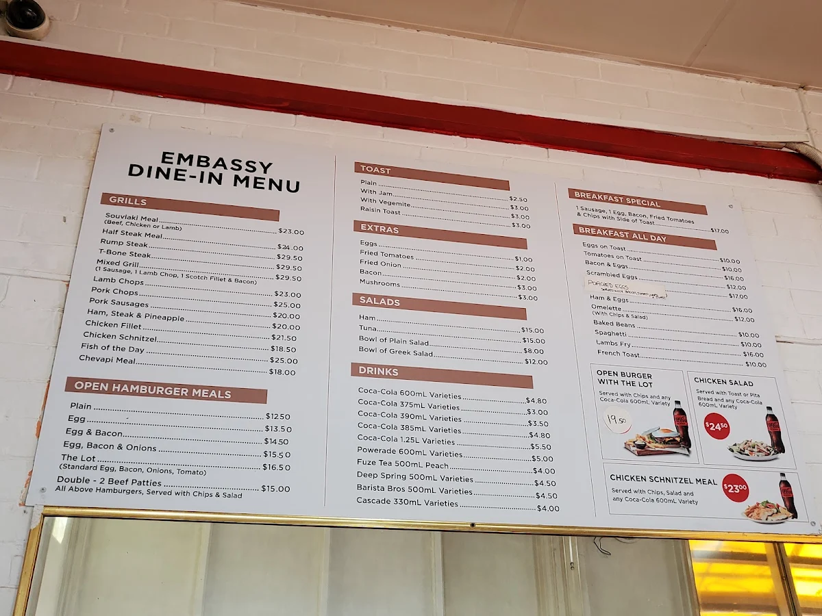 Menu, Embassy Cafe