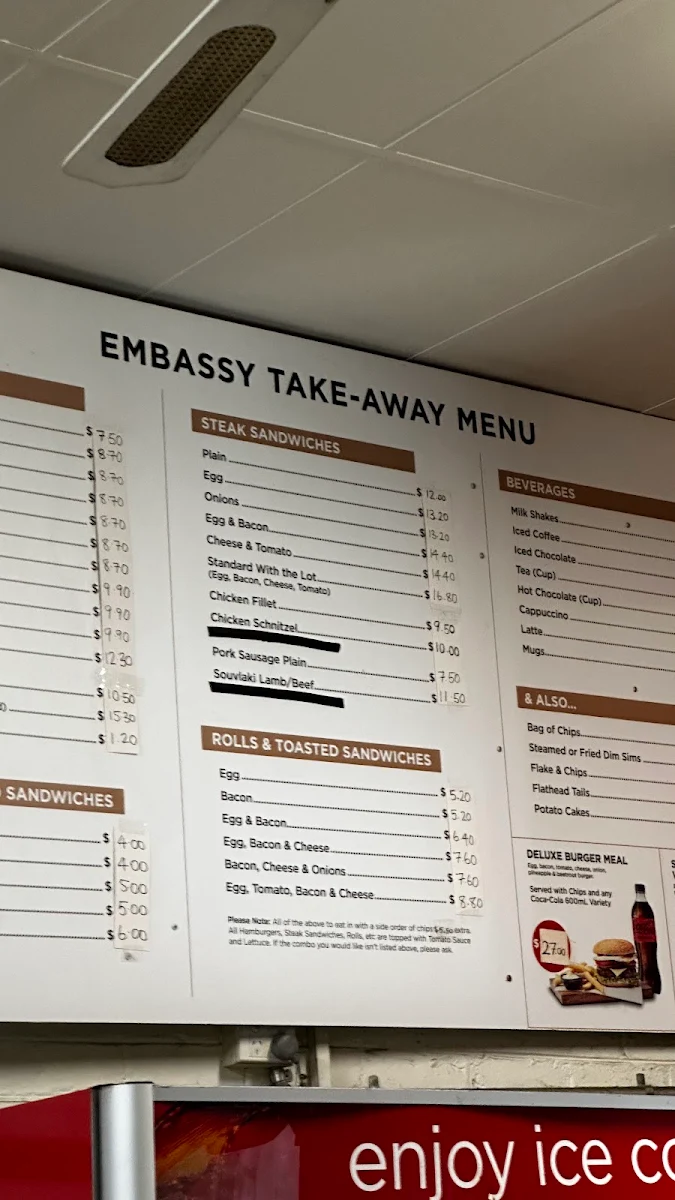 Menu, Embassy Cafe
