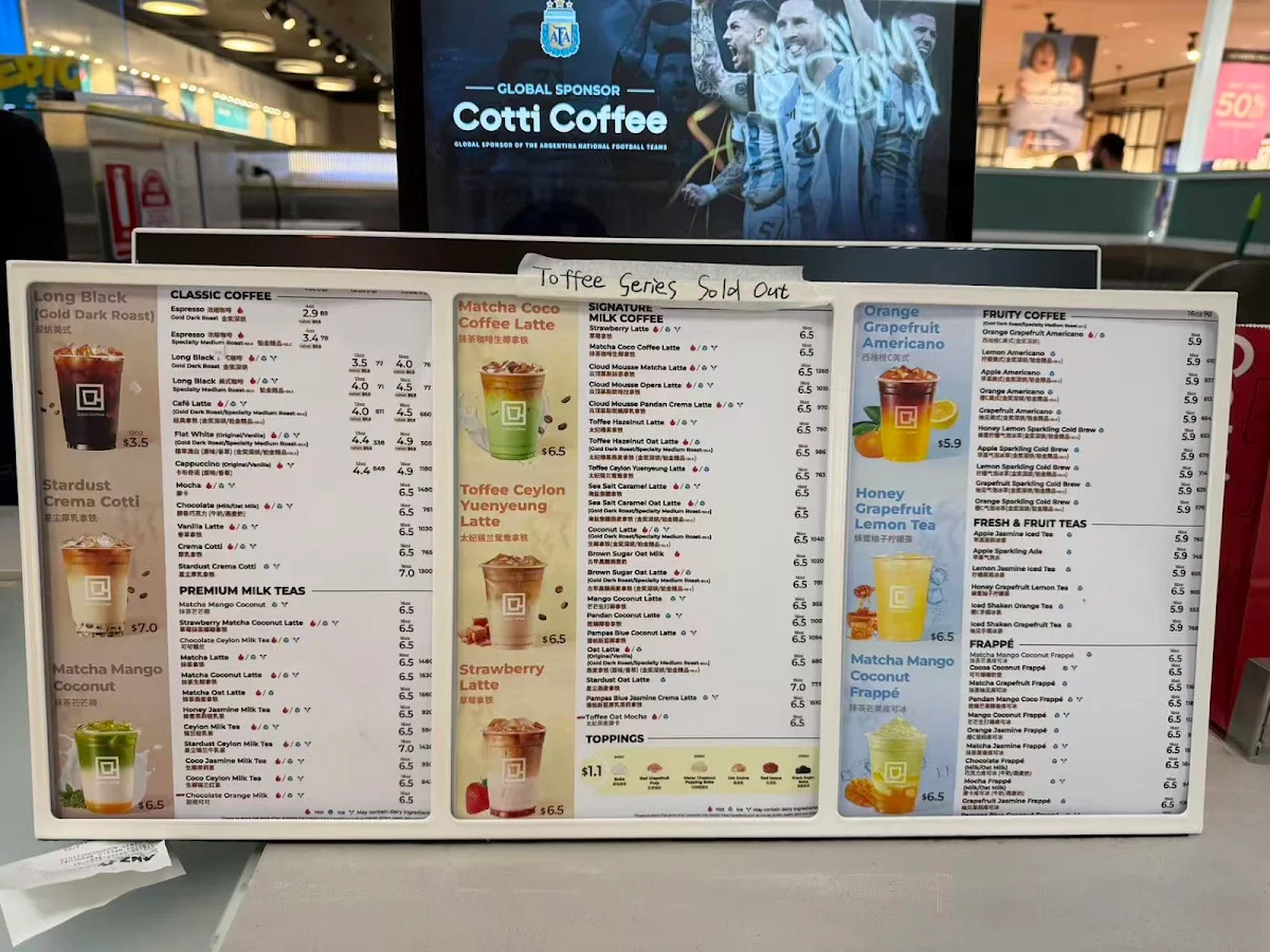 Menu, Cotti Coffee (Westfield Doncaster)