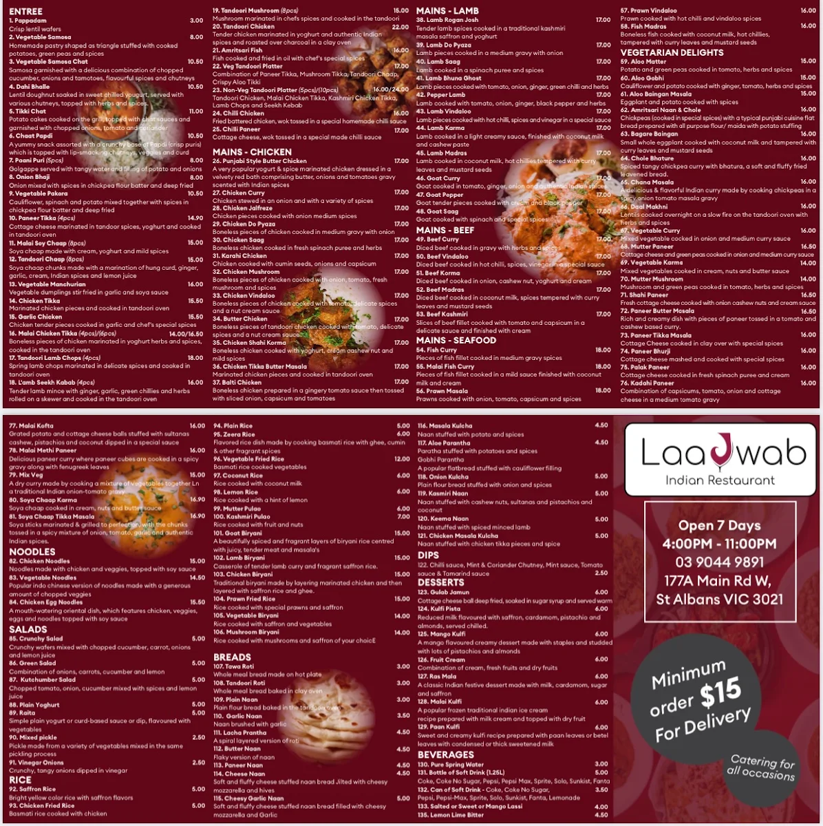 Menu, Laajwab Indian Restaurant