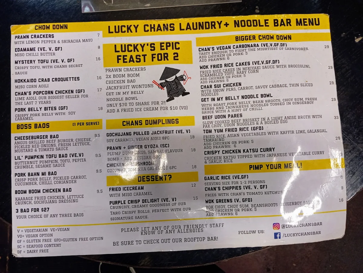 Menu, Lucky Chan's Laundry & Noodle Bar