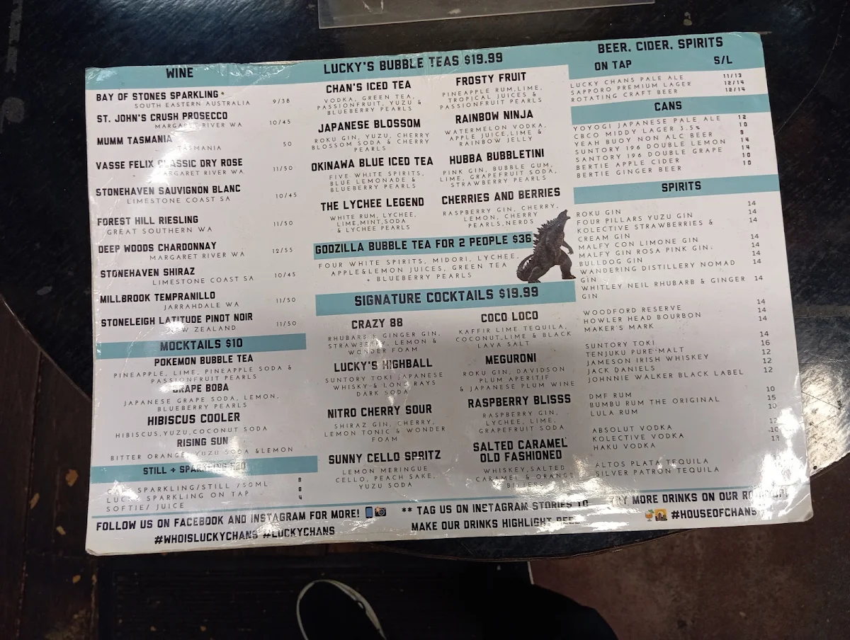 Menu, Lucky Chan's Laundry & Noodle Bar