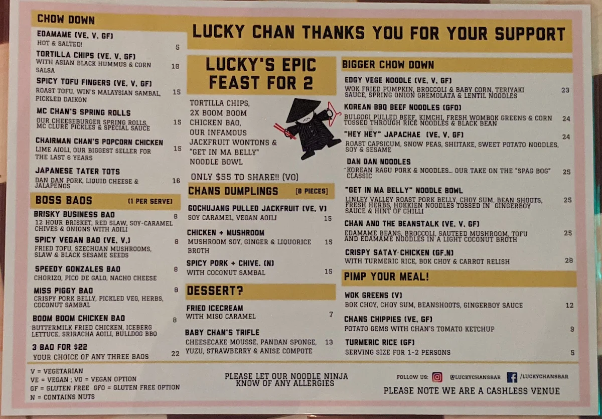 Menu, Lucky Chan's Laundry & Noodle Bar