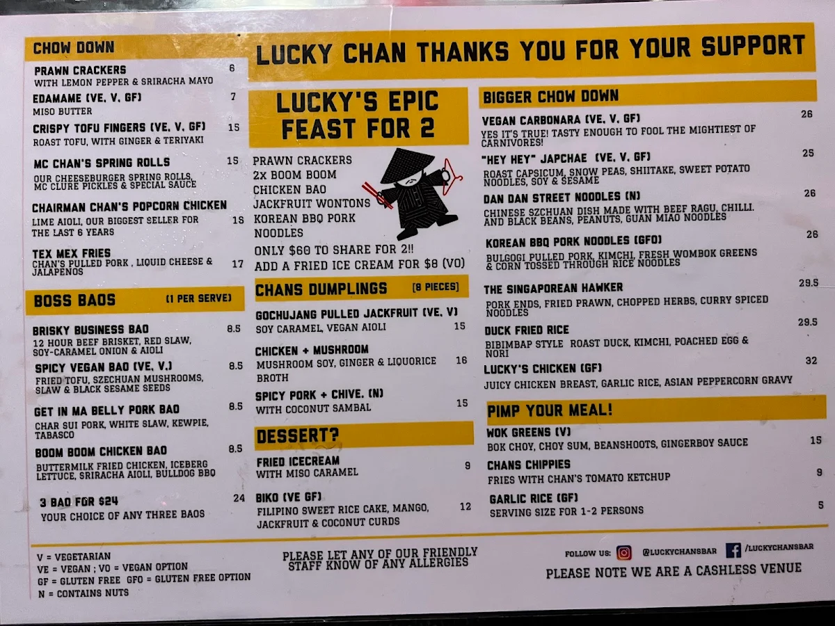 Menu, Lucky Chan's Laundry & Noodle Bar
