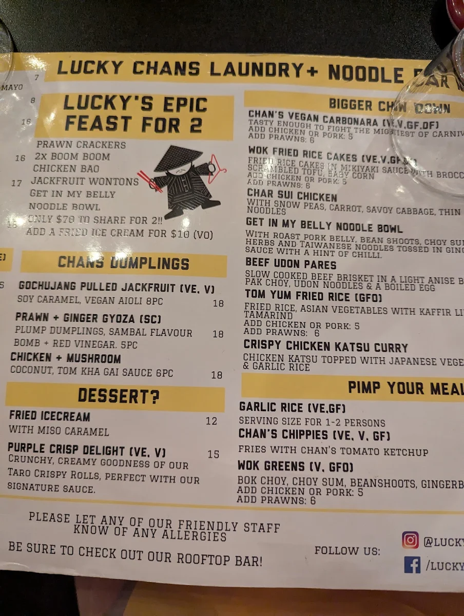 Menu, Lucky Chan's Laundry & Noodle Bar