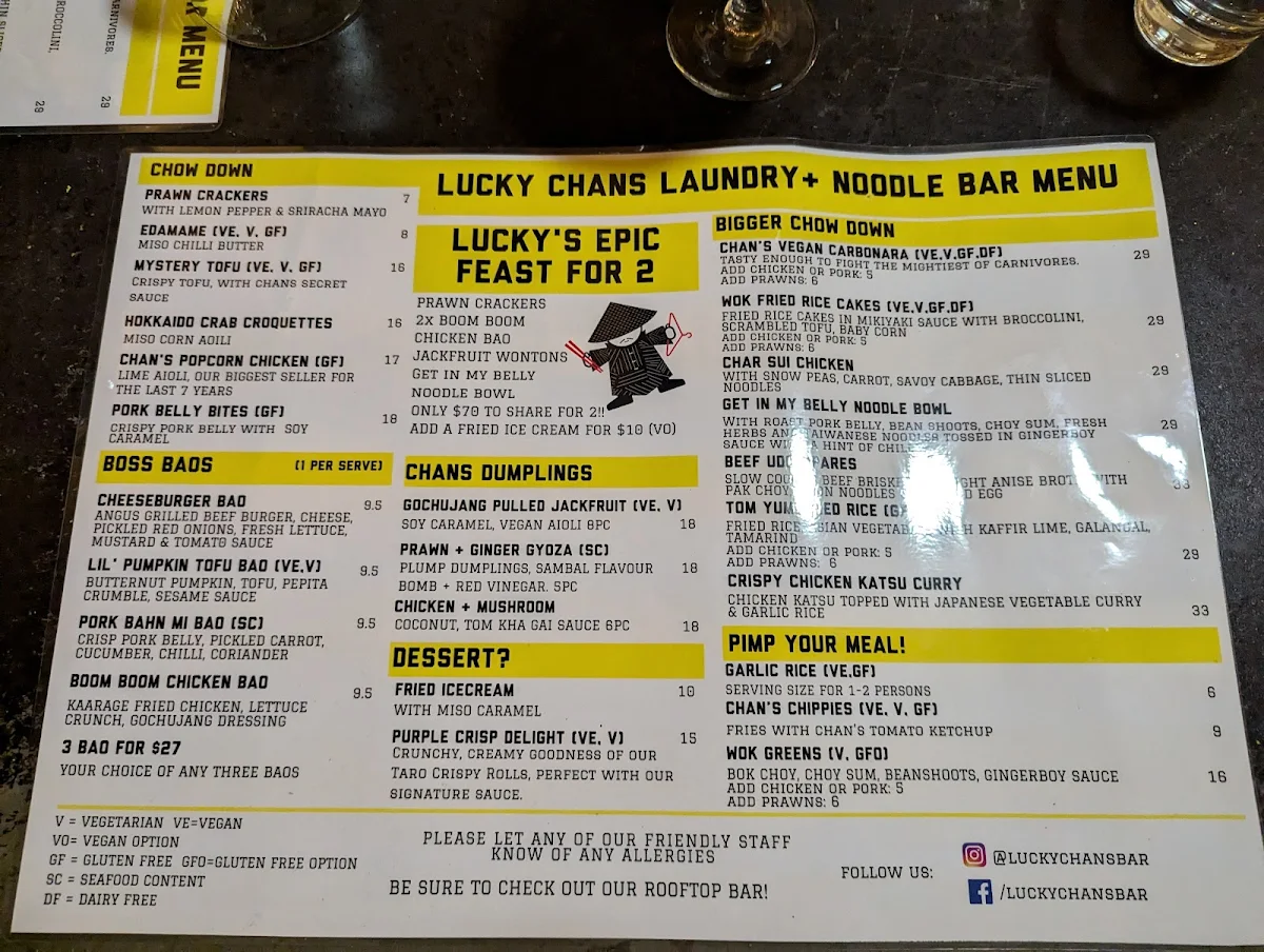 Menu, Lucky Chan's Laundry & Noodle Bar