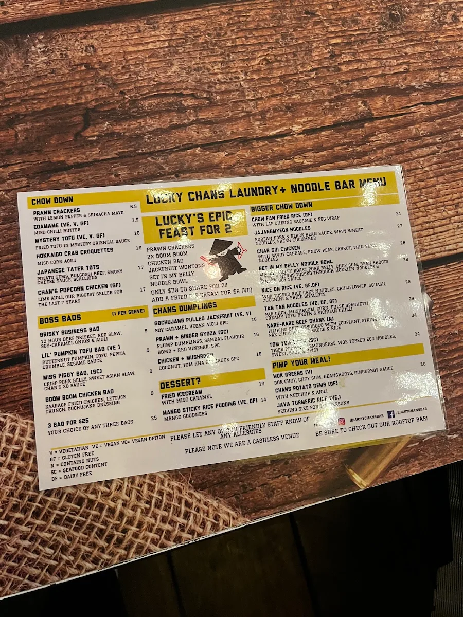Menu, Lucky Chan's Laundry & Noodle Bar