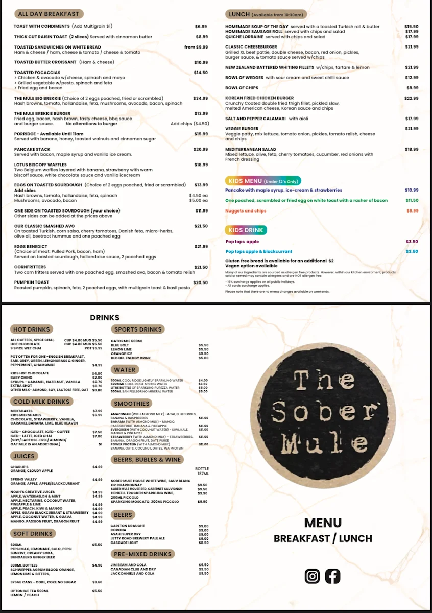 Menu, The Sober Mule cafe