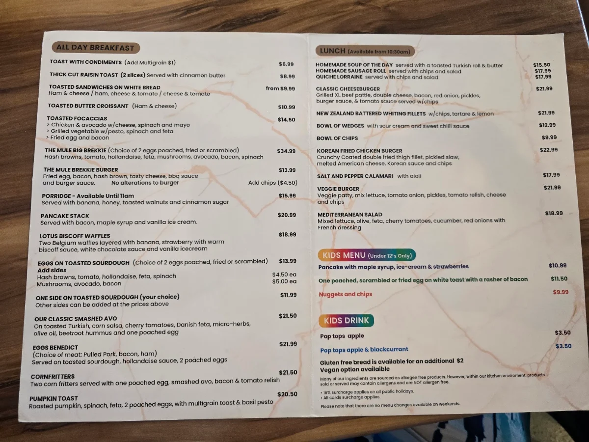Menu, The Sober Mule cafe