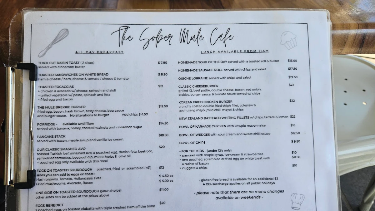 Menu, The Sober Mule cafe