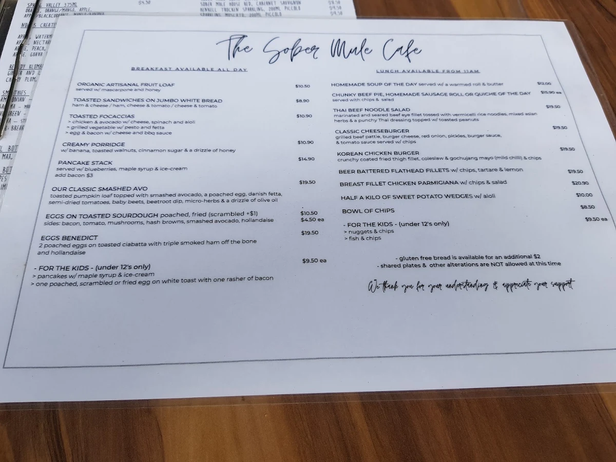 Menu, The Sober Mule cafe