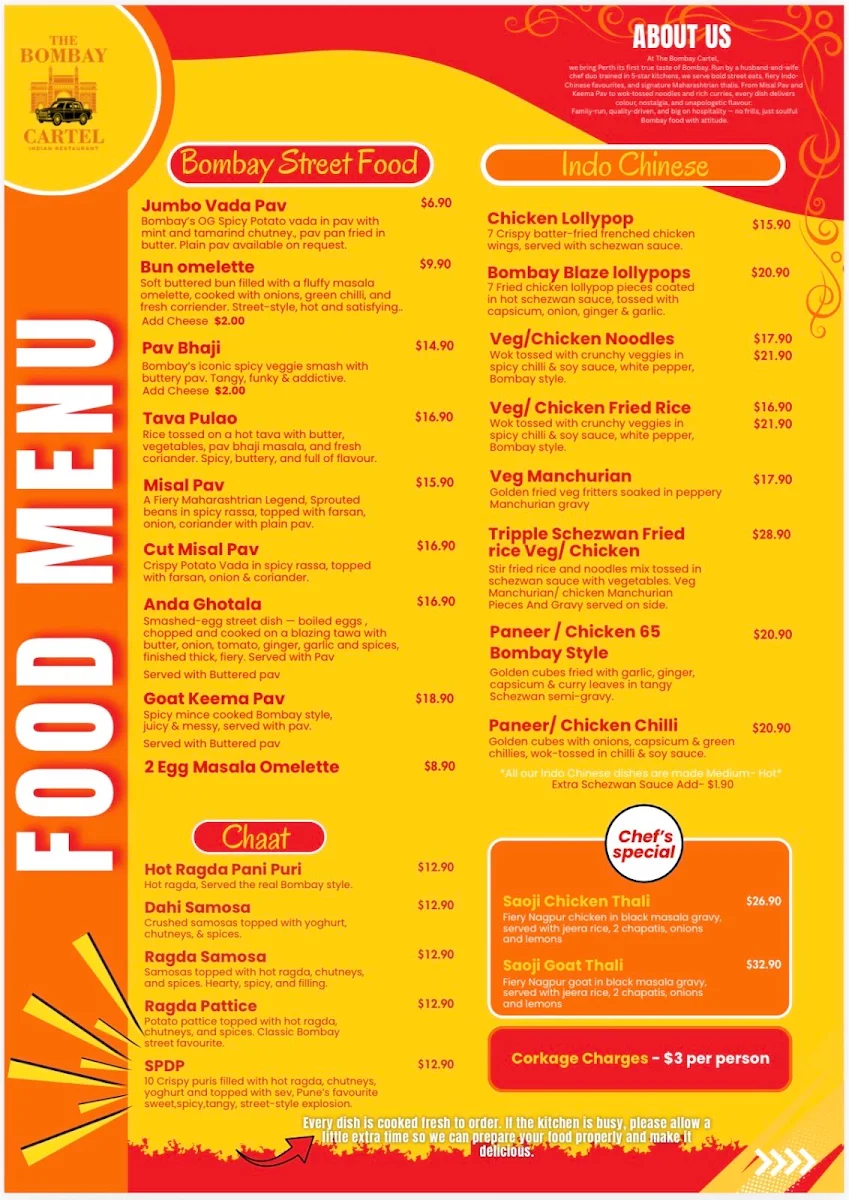 Menu, The Bombay Cartel