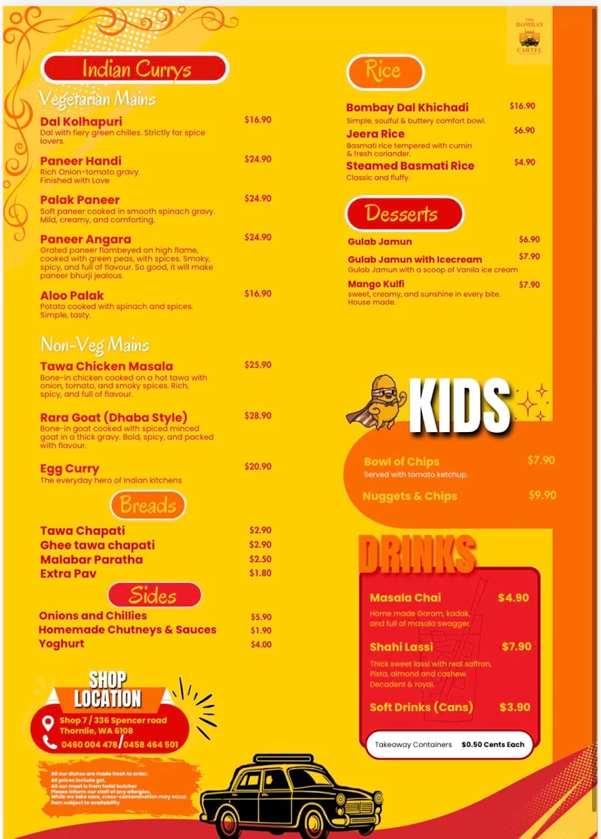 Menu, The Bombay Cartel