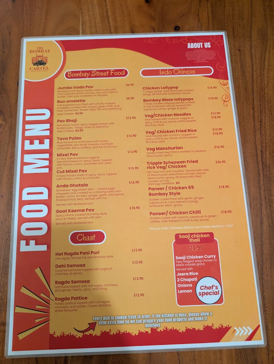 Menu, The Bombay Cartel