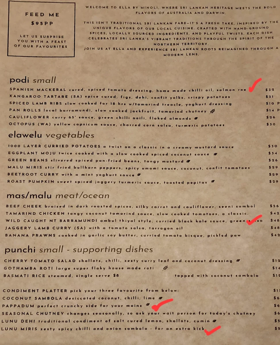 Menu, Ella