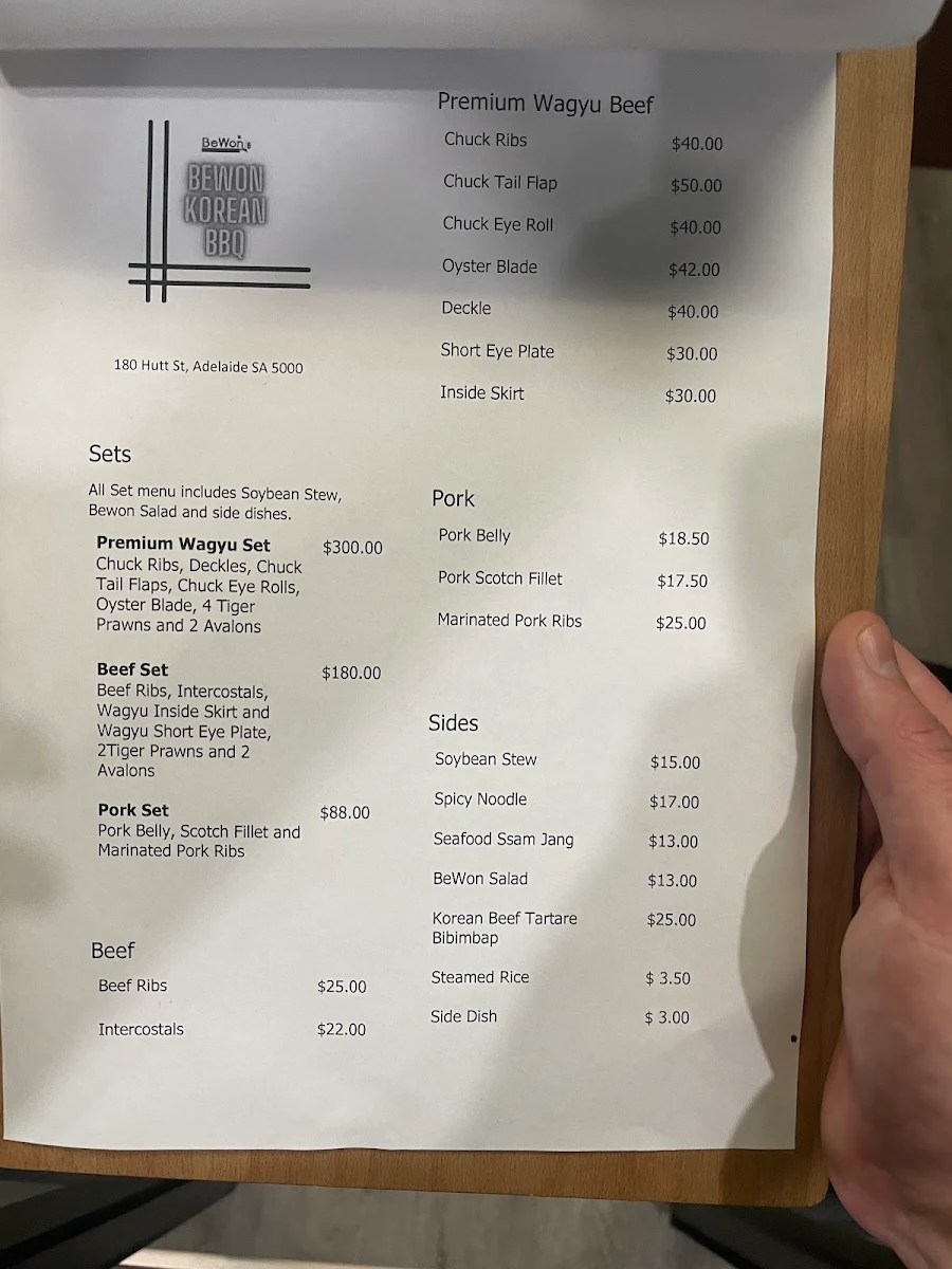 Menu, BeWon Korean BBQ Adelaide