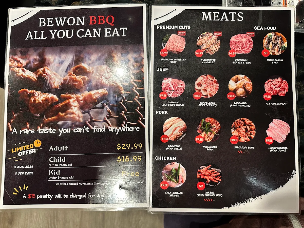 Menu, BeWon Korean BBQ Adelaide