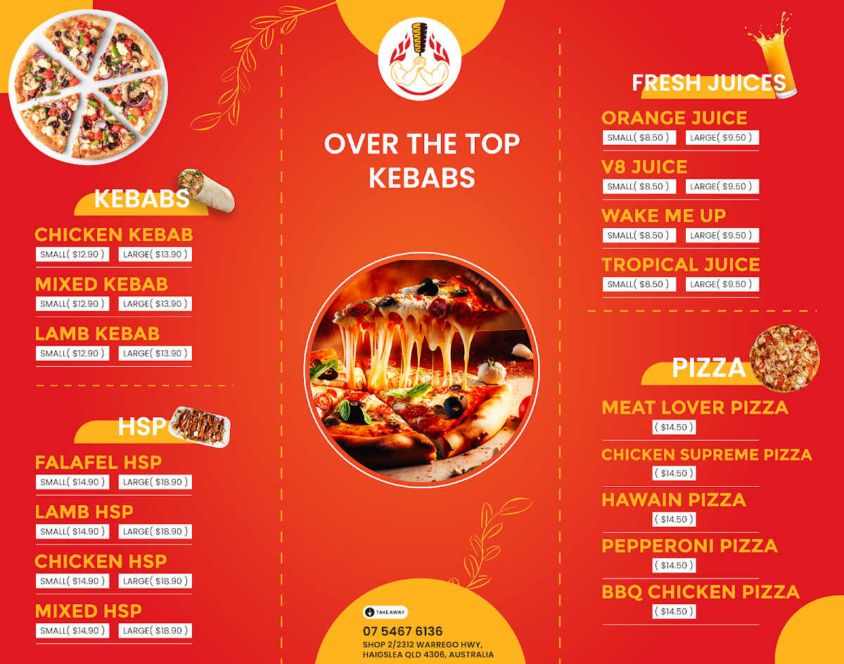 Menu, Over The Top Kebabs Haigslea