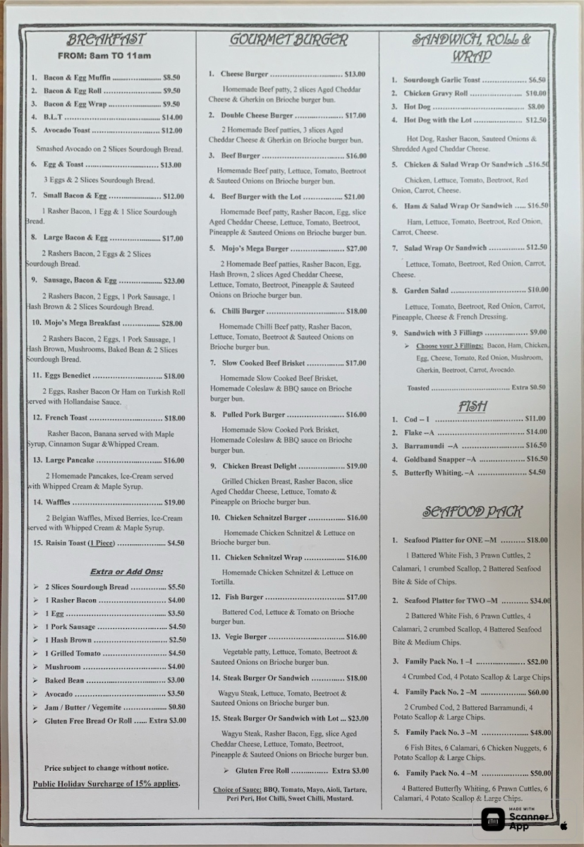 Menu, Mojo's on north